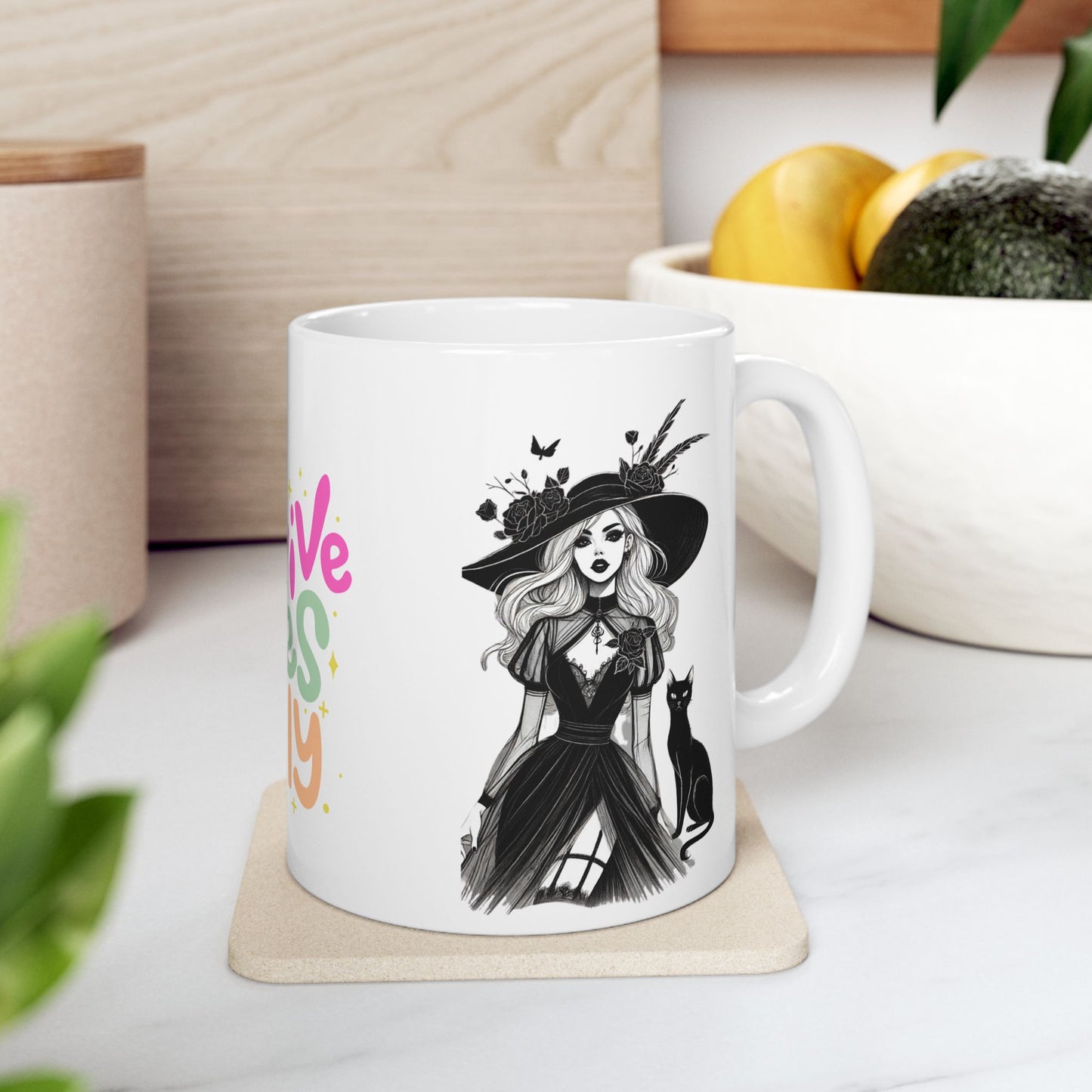 Positive Vibes Only Ceramic Mug - Fun Witch Design Coffee Cup