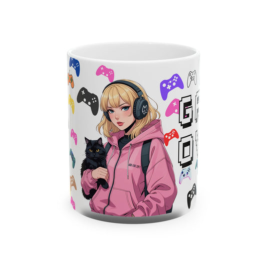 Gamer Girl Ceramic Mug - Cute Video Game Design for Cat Lovers #