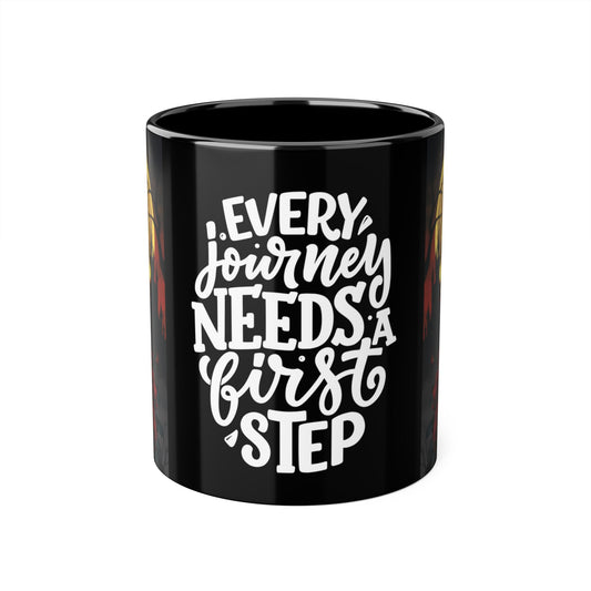 Every Journey Needs a First Step Black Accent Mug - Perfect for Cat Lovers and Halloween Enthusiasts