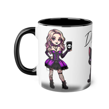 Dreamy Cat & Goth Girl Accent Mug - 11oz Unique Coffee Cup for Cat Lovers & Alternative Style