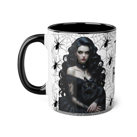 Gothic Take the Risk Mug - 11oz Accent Coffee Cup with Spiders and Cat Design