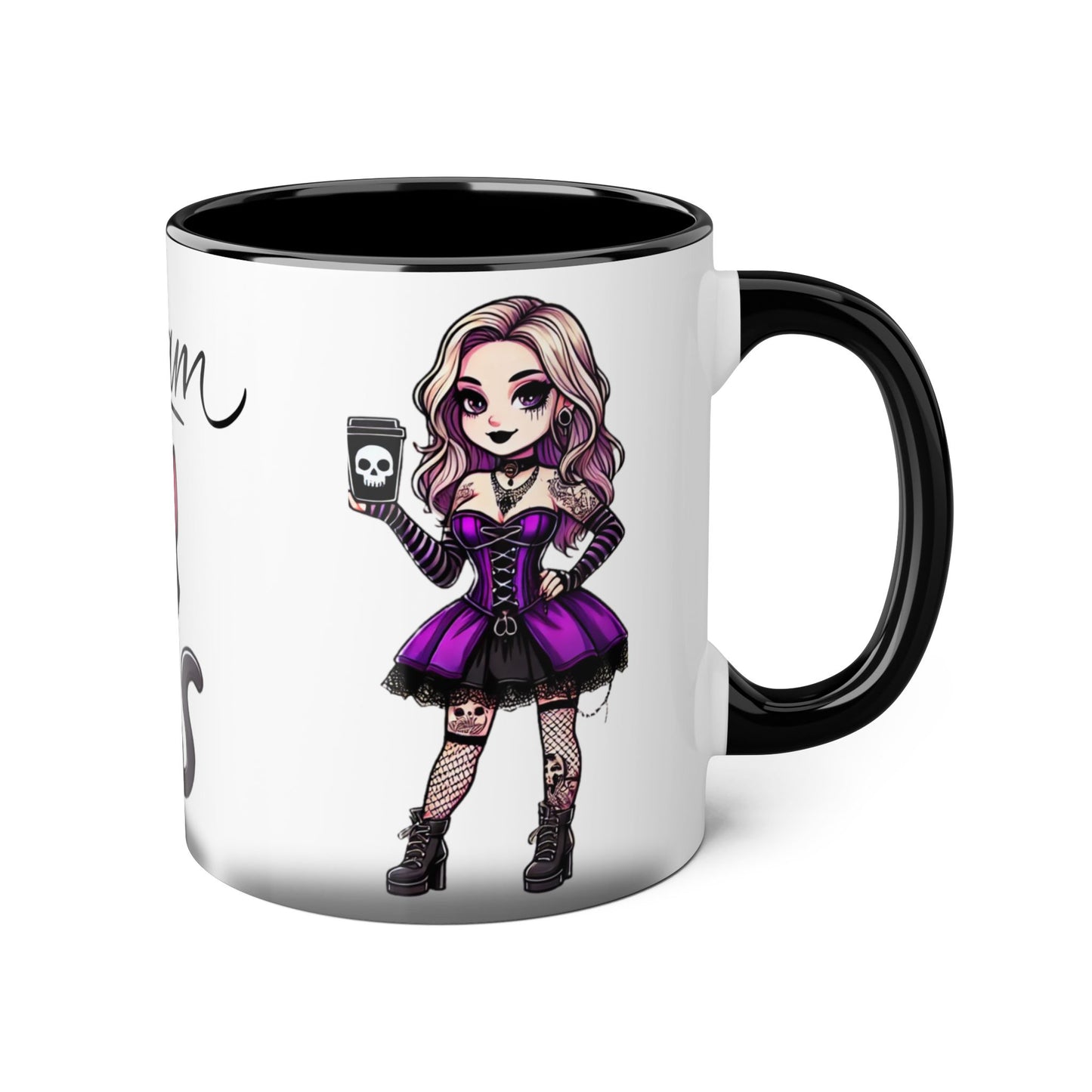 Dreamy Cat & Goth Girl Accent Mug - 11oz Unique Coffee Cup for Cat Lovers & Alternative Style