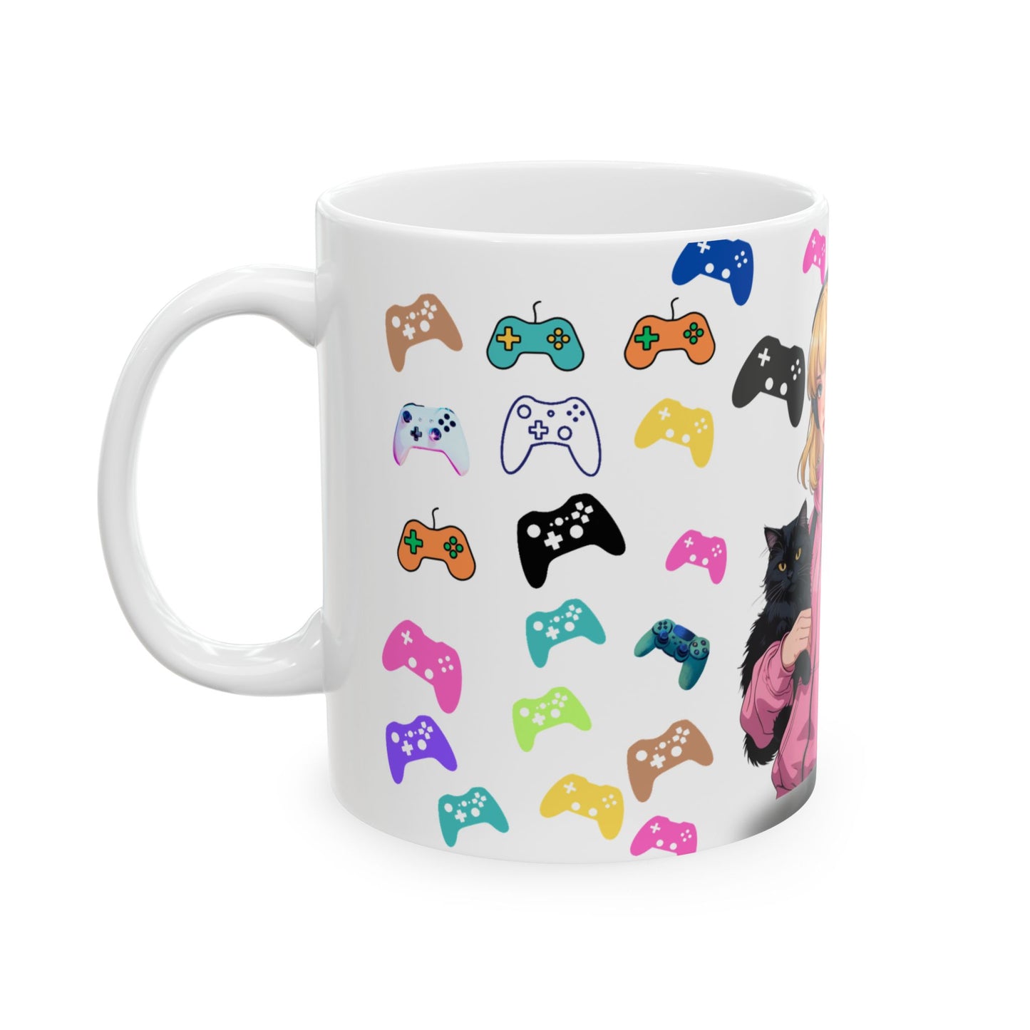 Gamer Girl Ceramic Mug - Cute Video Game Design for Cat Lovers #