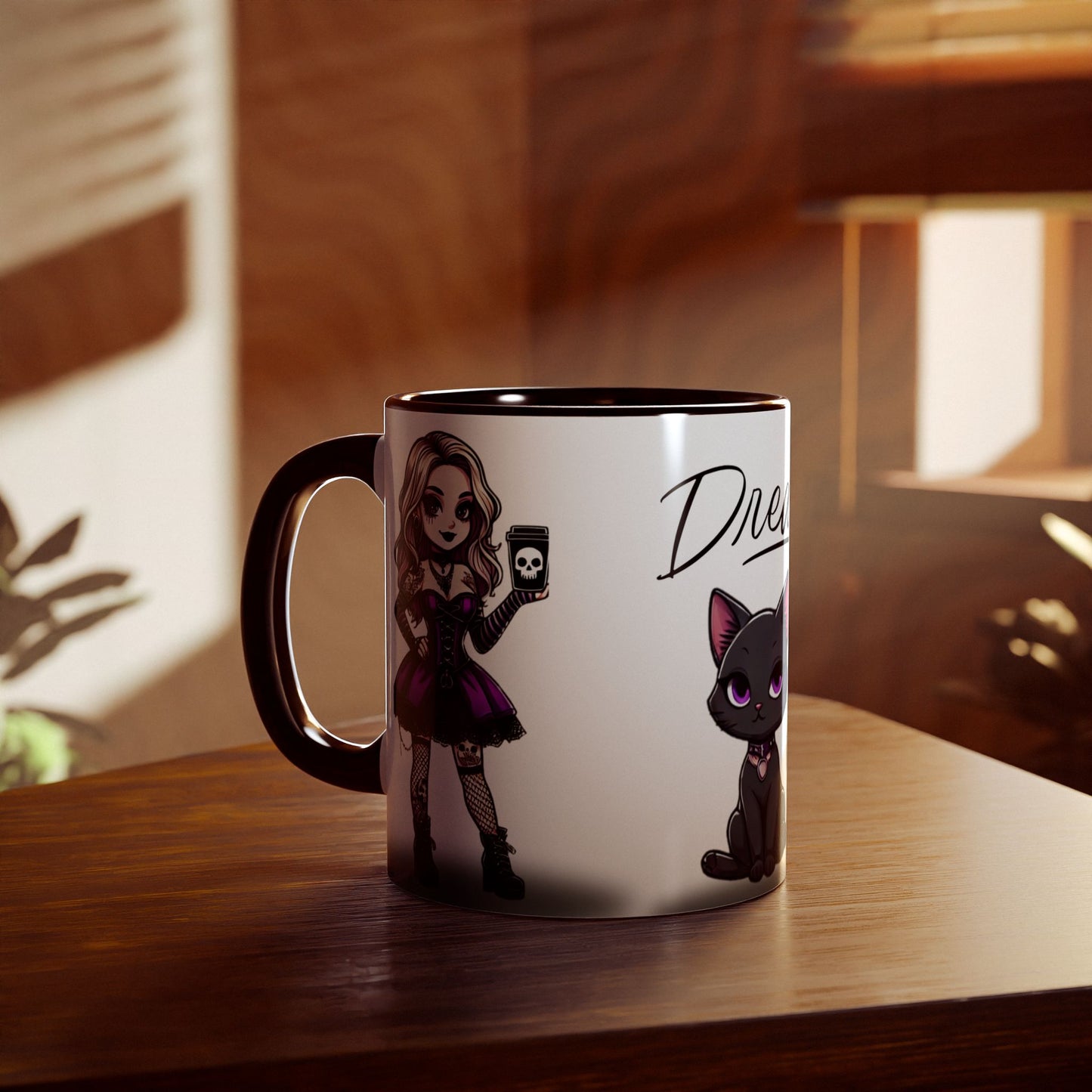 Dreamy Cat & Goth Girl Accent Mug - 11oz Unique Coffee Cup for Cat Lovers & Alternative Style