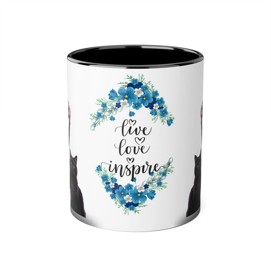 Live Love Inspire Floral Cat Accent Mug - 11oz Coffee Cup for Cat Lovers & Gothic Aesthetics